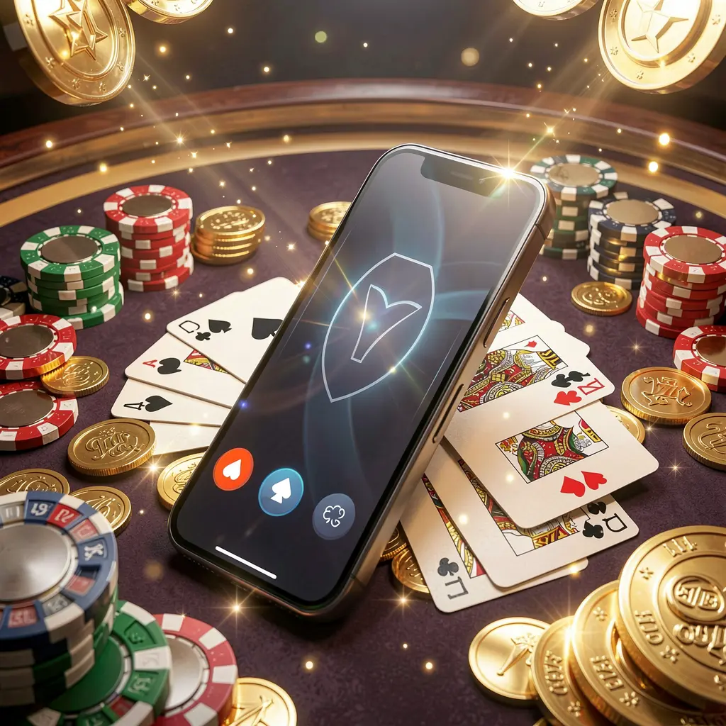 PH1888 mobile gaming application concept featuring a smartphone surrounded by playing cards, roulette chips, gold coins, and sparkling lights in a premium casino style