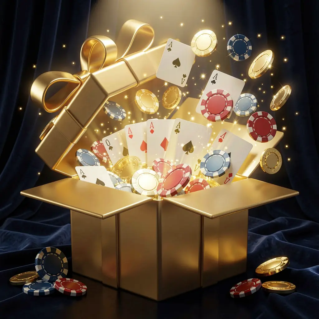 PH1888 online casino luxurious welcome bonus scene with an open golden gift box bursting with casino chips, playing cards, and sparkling coins against a premium dark blue and black background in an elegant festive mood