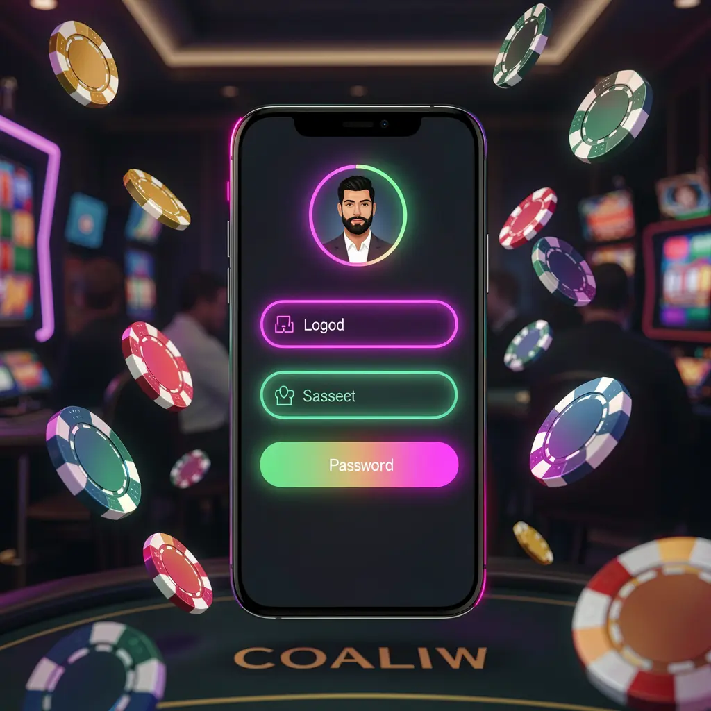 PH1888 mobile casino login screen on a phone showing abstract user profile and password fields with neon glow, surrounded by flying chips and coins in a dark premium casino atmosphere