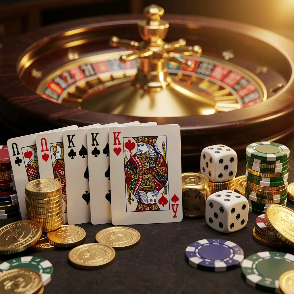 PH1888 elegant online casino homepage featuring royal flush cards, dice, golden coins, poker chips on a dark table with a glowing roulette wheel in the background in a cinematic 3D render
